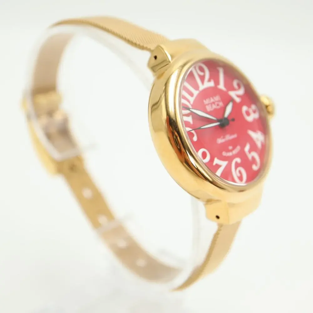 Miami Beach Glam Rock Gold Tone 36mm Red Womens Watch Mesh Band w New Battery